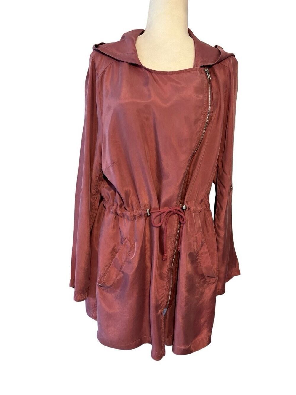 Anthropologie Melloday deep mauve hooded jacket with asymmetrical zipper and dra